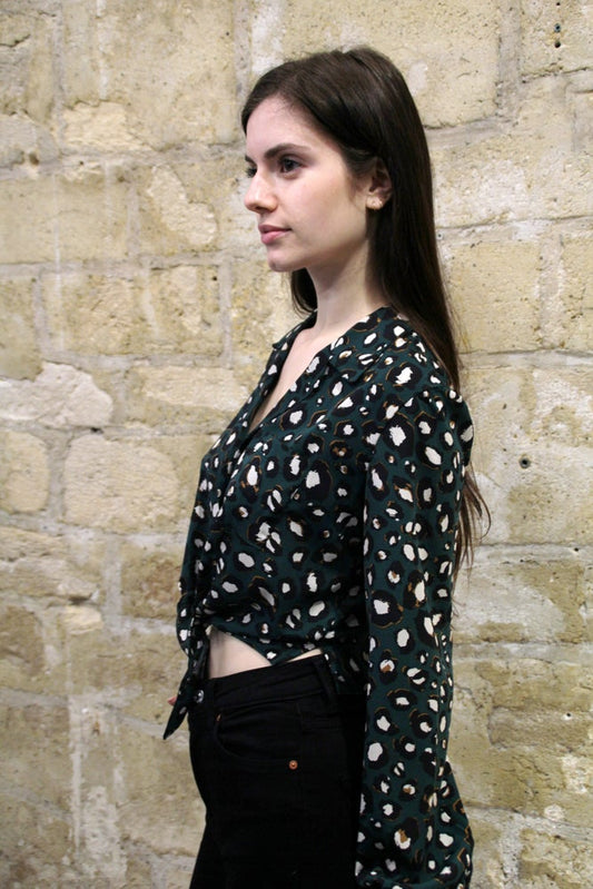 GREEN LEOPARD PRINT KNOT BLOUSE